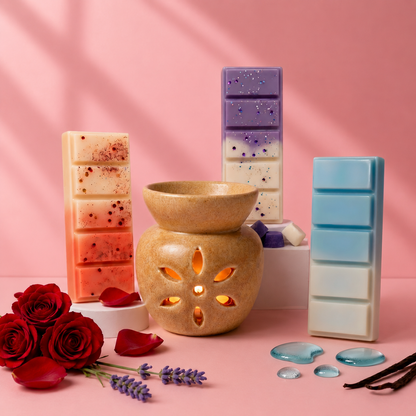 Ceramic Wax Melt Gift Set – Burner + 3 Soy Fragrance Bars + 3 × Tealight / 1 × Glass Matchstick Bottle