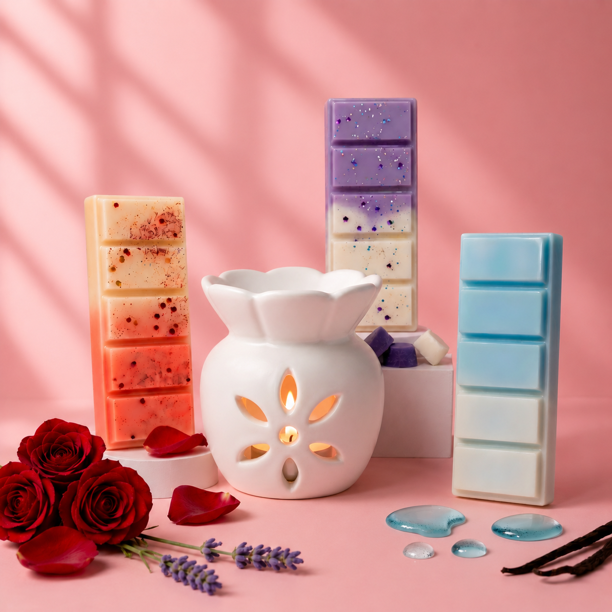 Ceramic Wax Melt Gift Set – Burner + 3 Soy Fragrance Bars + 3 × Tealight / 1 × Glass Matchstick Bottle