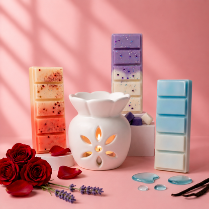 Ceramic Wax Melt Gift Set – Burner + 3 Soy Fragrance Bars + 3 × Tealight / 1 × Glass Matchstick Bottle