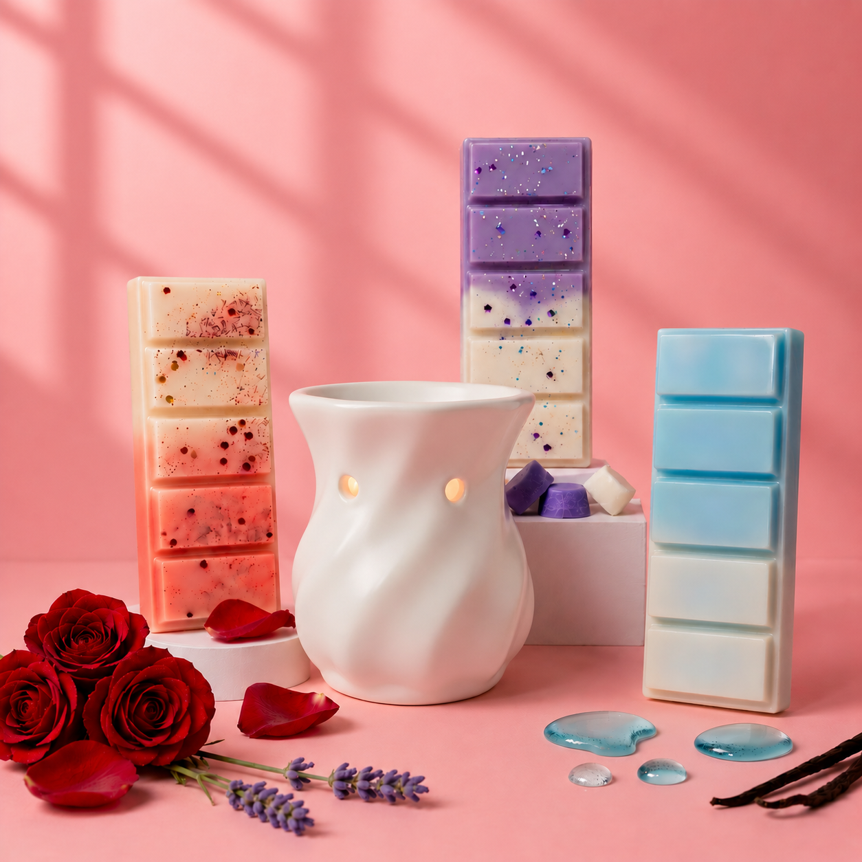 Ceramic Wax Melt Gift Set – Burner + 3 Soy Fragrance Bars + 3 × Tealight / 1 × Glass Matchstick Bottle